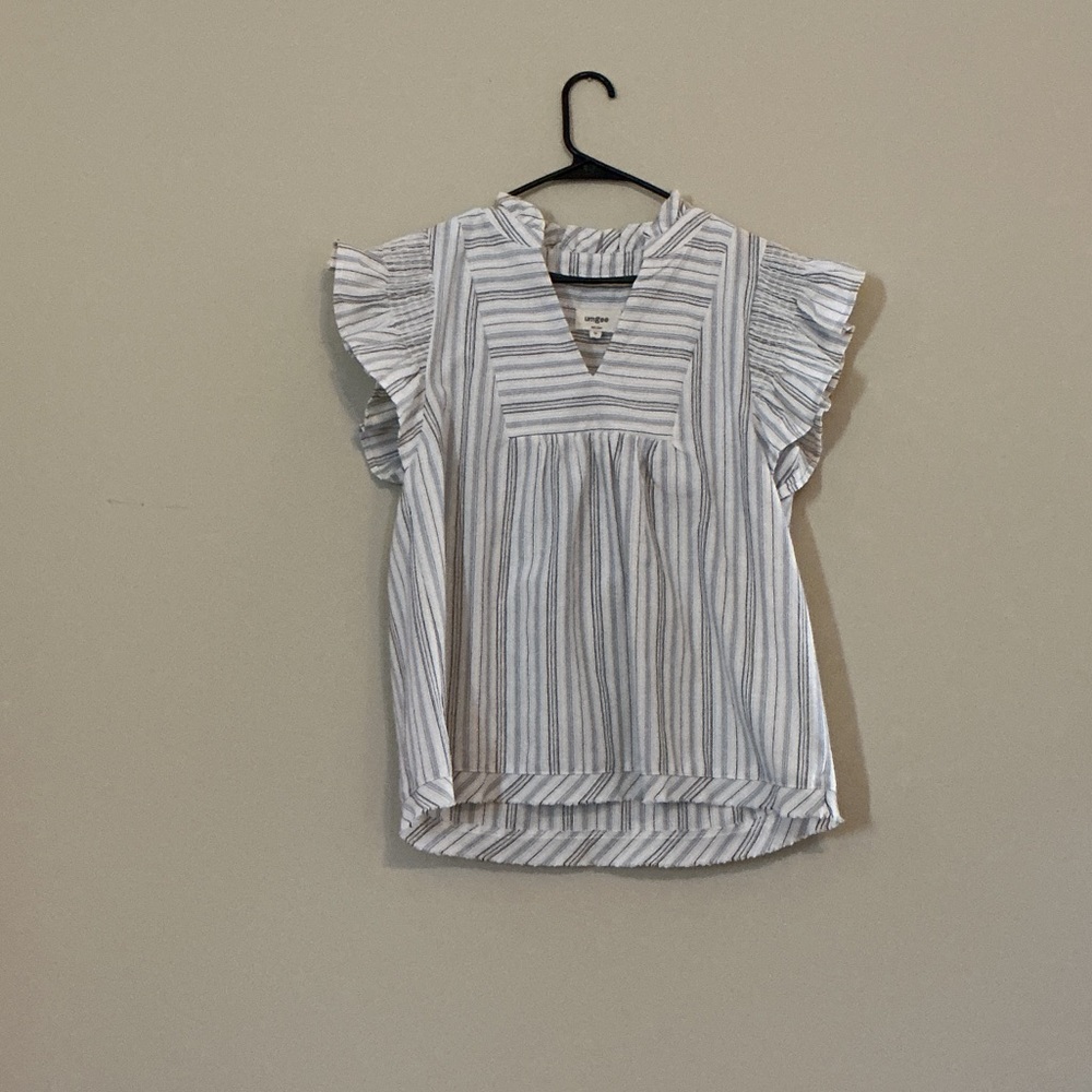 Umgee Blue and White Striped Ruffle Blouse